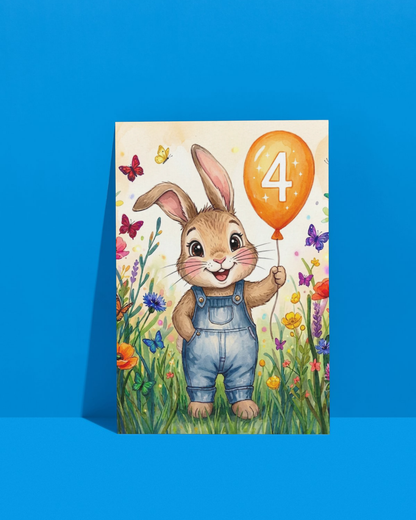 4th Birthday Card – Printable Kids Bunny Card | Instant Digital Download