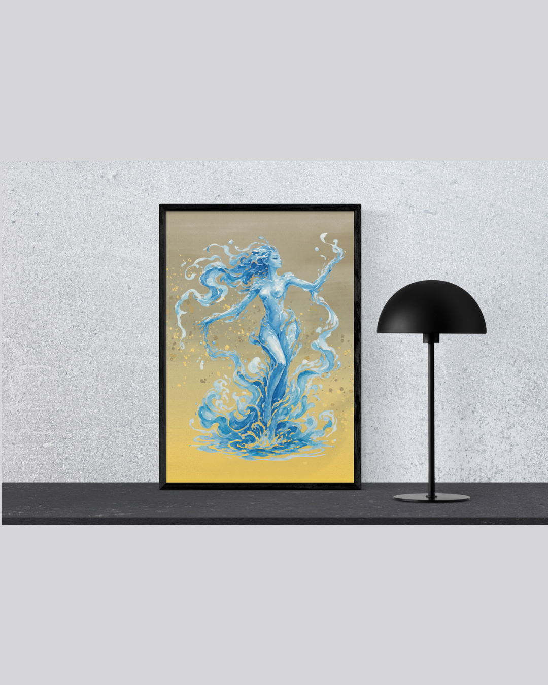 Golden Water Nymph Art Print | Blue Water Dancer Digital Download Poster | Mythical Fluid Goddess Wall Art | High-Res Printable PNG