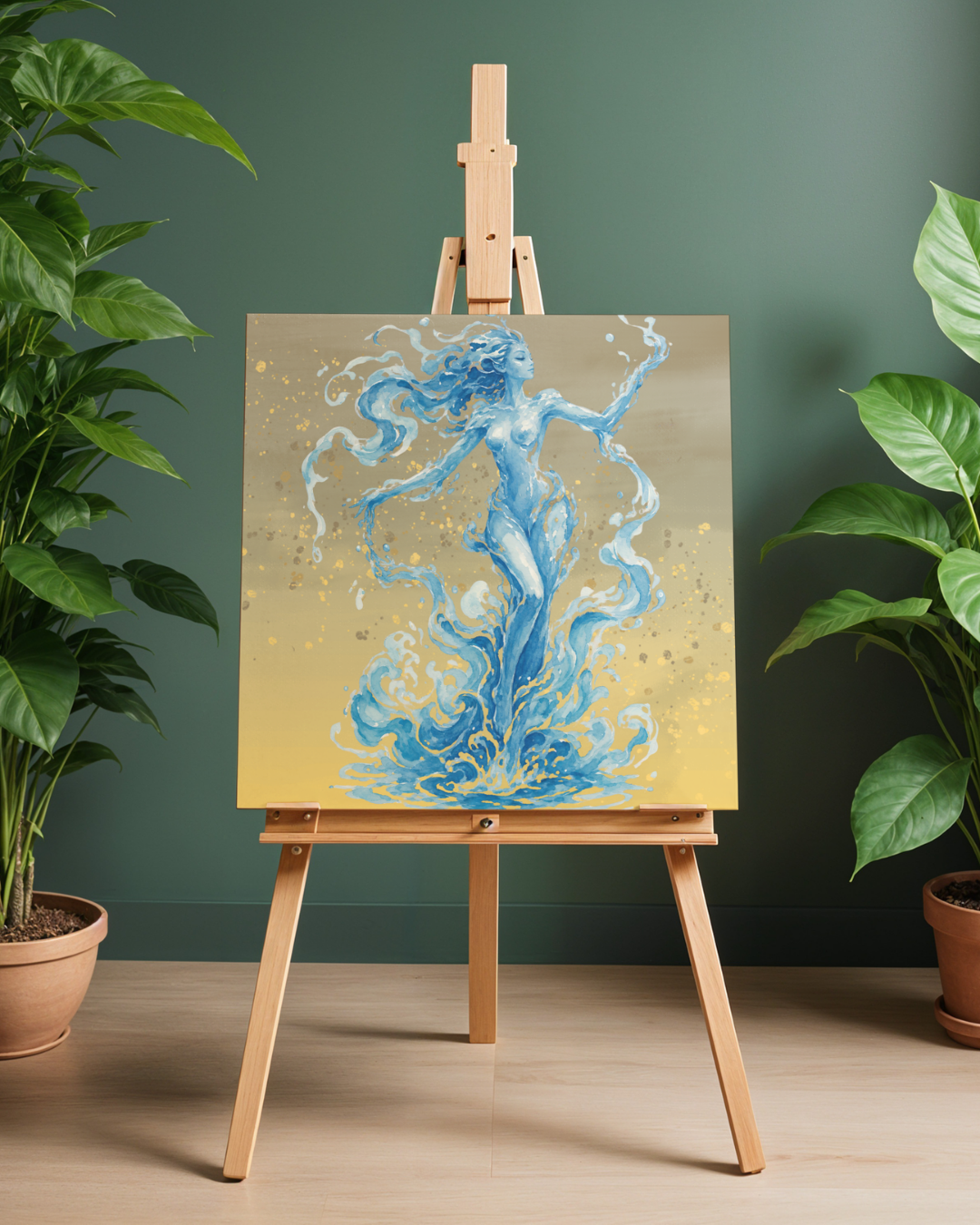 Golden Water Nymph Art Print | Blue Water Dancer Digital Download Poster | Mythical Fluid Goddess Wall Art | High-Res Printable PNG
