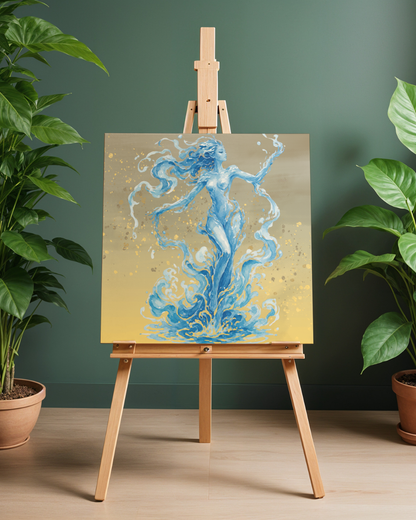 Golden Water Nymph Art Print | Blue Water Dancer Digital Download Poster | Mythical Fluid Goddess Wall Art | High-Res Printable PNG