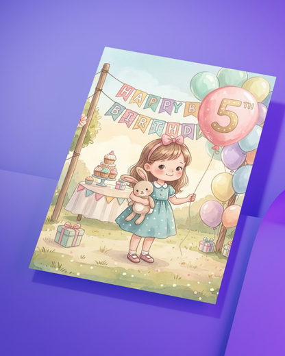 5th Birthday Card for Girl – Printable Pink Birthday Card | Instant Digital Download