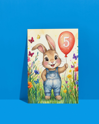 5th Birthday Card – Printable Kids Bunny Card | Instant Digital Download