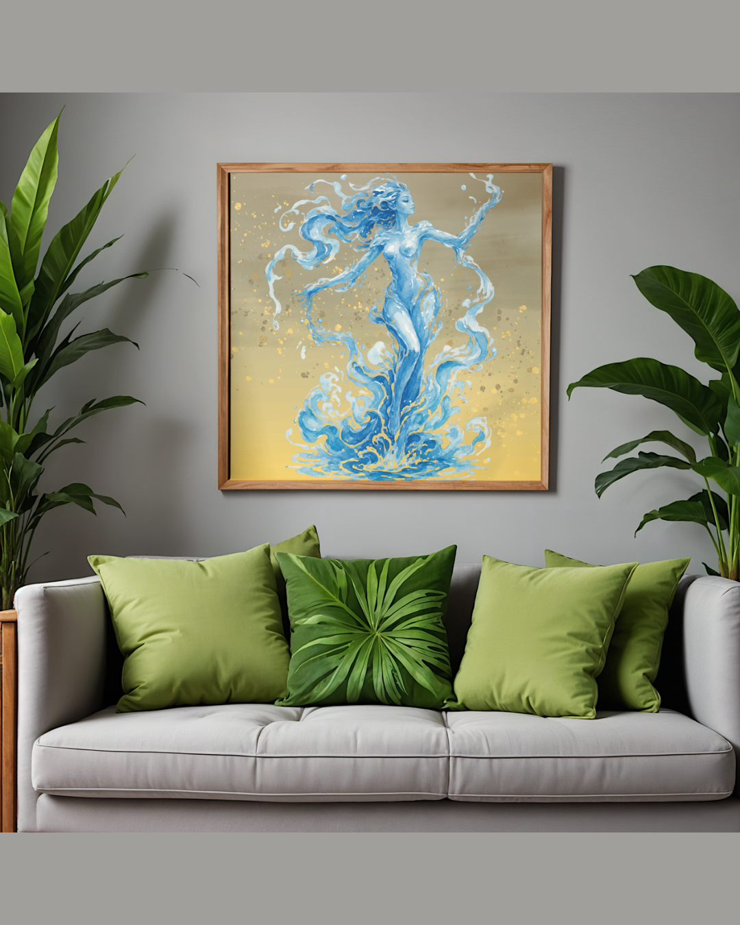 Golden Water Nymph Art Print | Blue Water Dancer Digital Download Poster | Mythical Fluid Goddess Wall Art | High-Res Printable PNG