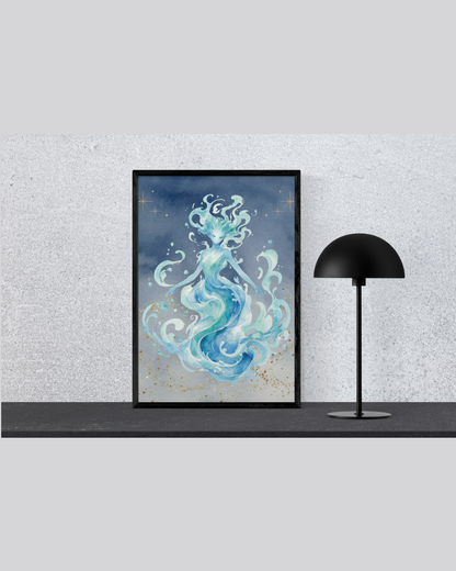 Water Elemental Sea Goddess Art Print | Ocean Spirit Digital Download Poster | Mythical Mermaid Fantasy Wall Art | High-Res Printable PNG
