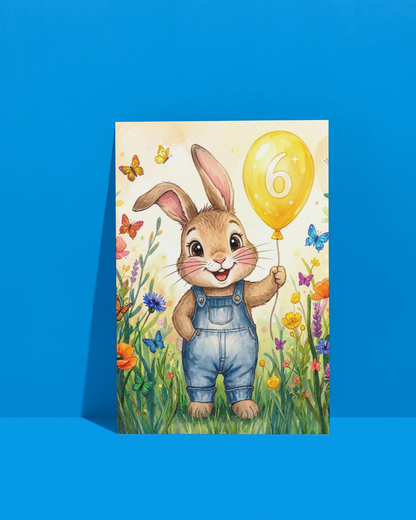 6th Birthday Card – Printable Kids Bunny Card | Instant Digital Download