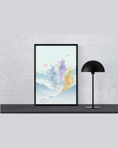 The Three Mountain Spirits – Mythical Goddess Art Print | Luxury Landscape Wall Decor, High-End Celestial Digital Download PNG