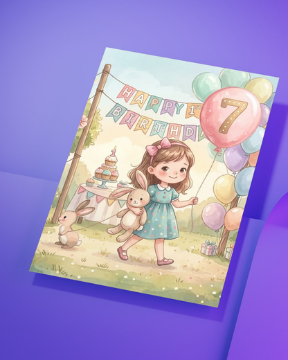 7th Birthday Card for Girl – Printable Pink Birthday Card | Instant Digital Download