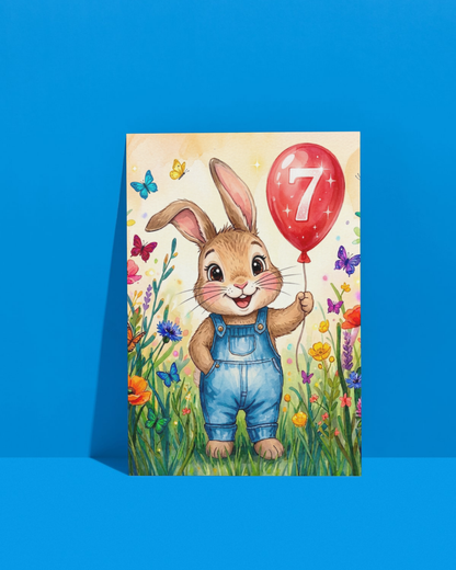 7th Birthday Card – Printable Kids Bunny Card | Instant Digital Download