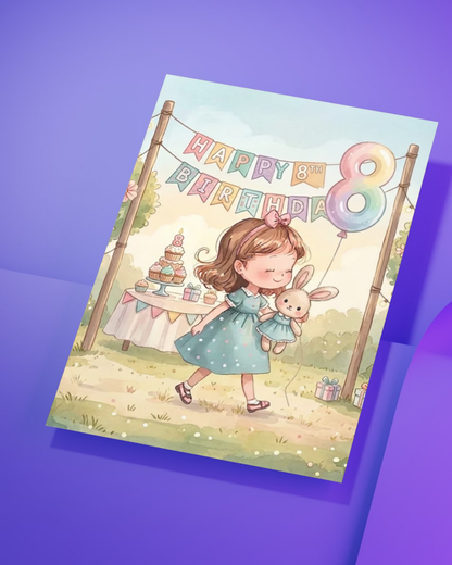 8th Birthday Card for Girl – Printable Pink Birthday Card | Instant Digital Download
