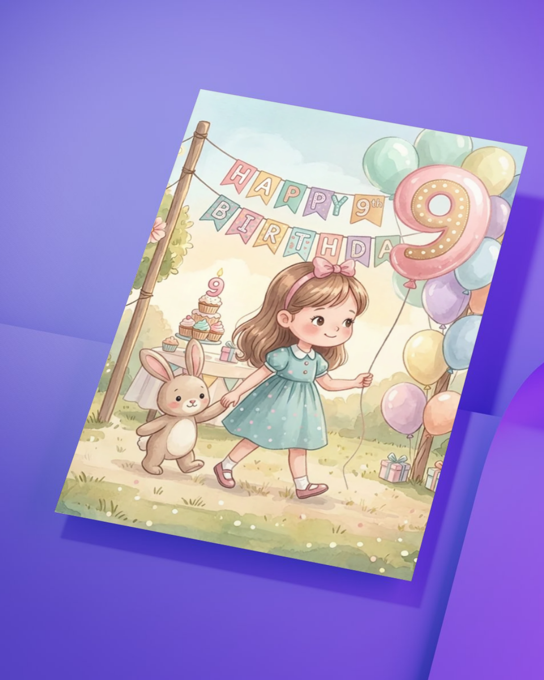 9th Birthday Card for Girl – Printable Pink Birthday Card | Instant Digital Download