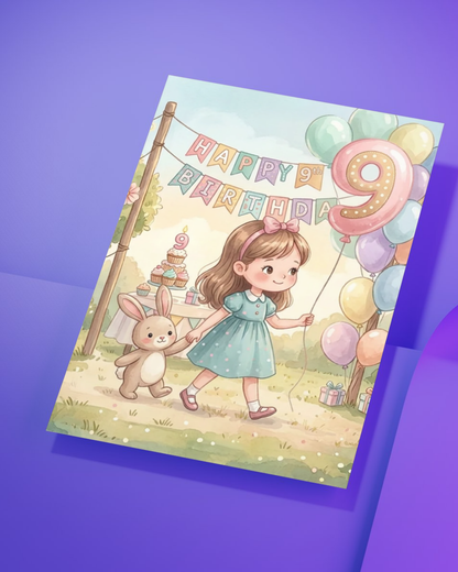 9th Birthday Card for Girl – Printable Pink Birthday Card | Instant Digital Download