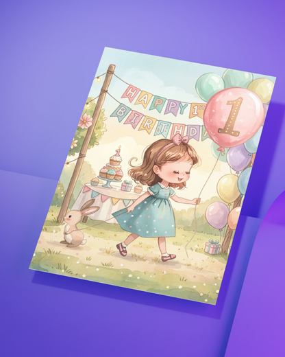 1st Birthday Card for Girl – Printable Pink Birthday Card | Instant Digital Download