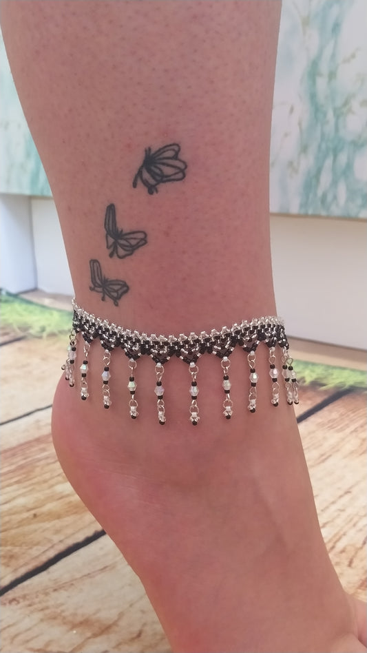 Anklet, beautiful, delicate, handmade,  black and silver  TOHO seed beads, crystal beads, and white beads
