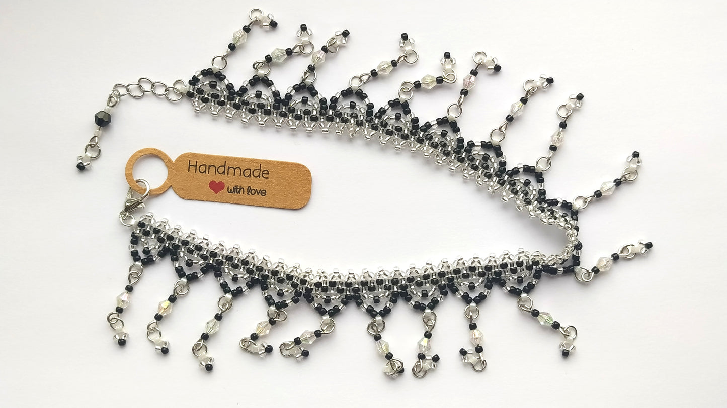 Anklet, beautiful, delicate, handmade,  black and silver  TOHO seed beads, crystal beads, and white beads