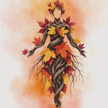 Autumn Spirit Earth Goddess Art Print | Luxury Fall Botanical Wall Decor, High-End Maple Leaves Digital Download PNG
