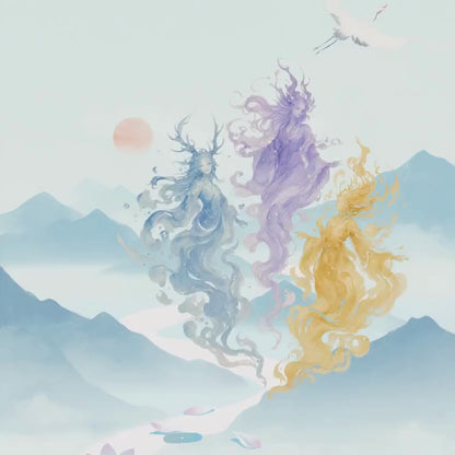 The Three Mountain Spirits – Mythical Goddess Art Print | Luxury Landscape Wall Decor, High-End Celestial Digital Download PNG