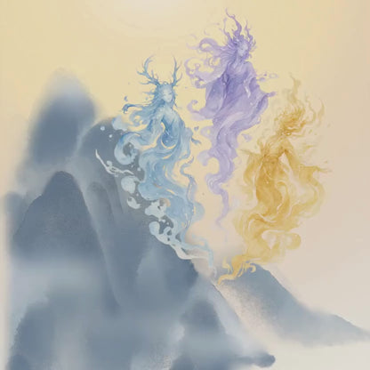 The Three Mountain Spirits – Mythical Goddess Art Print | Luxury Landscape Wall Decor, High-End Celestial Digital Download PNG