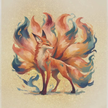 Mythical Nine-Tailed Fox Art Print | Luxury Japanese Kitsune Wall Decor, High-End Celestial Spirit Digital Download PNG