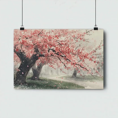 Watercolor Cherry Blossom Poster | Sakura Landscape Digital Wall Art