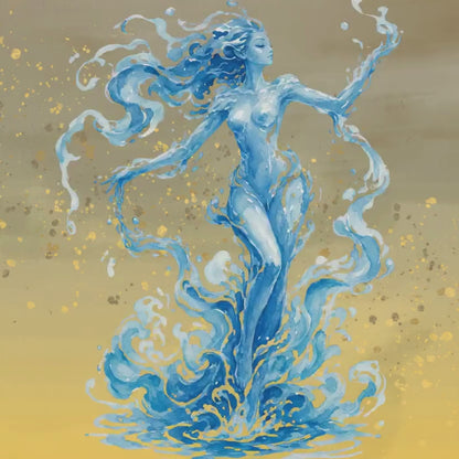 Golden Water Nymph Art Print | Blue Water Dancer Digital Download Poster | Mythical Fluid Goddess Wall Art | High-Res Printable PNG